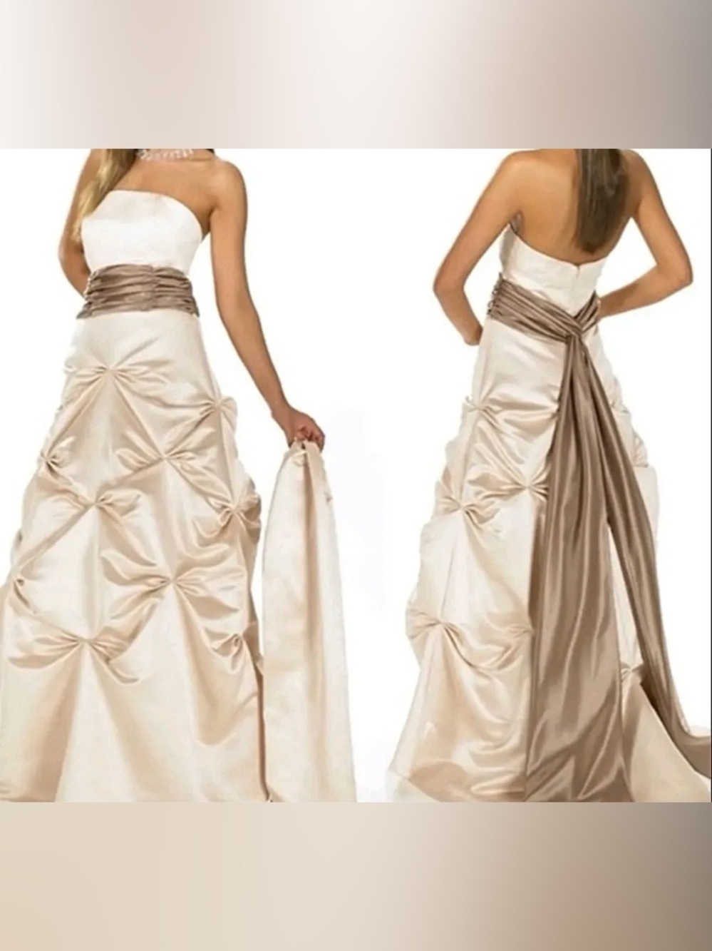 Bill Levkoff Strapless Ivory Gown with Taupe Sash